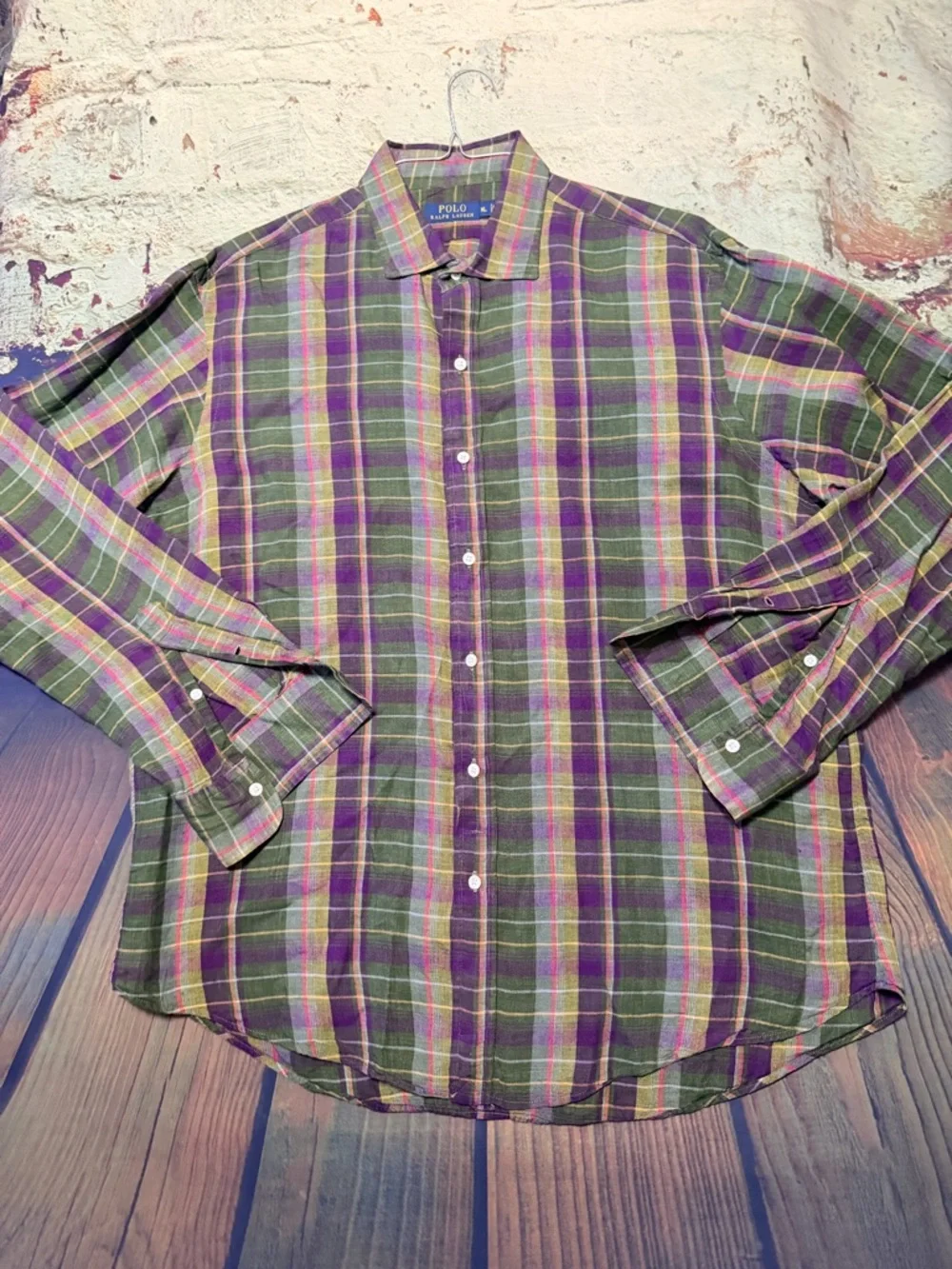 100% Linen Polo by Ralph Lauren Olive and Purple Plaid Button-Down Shirt